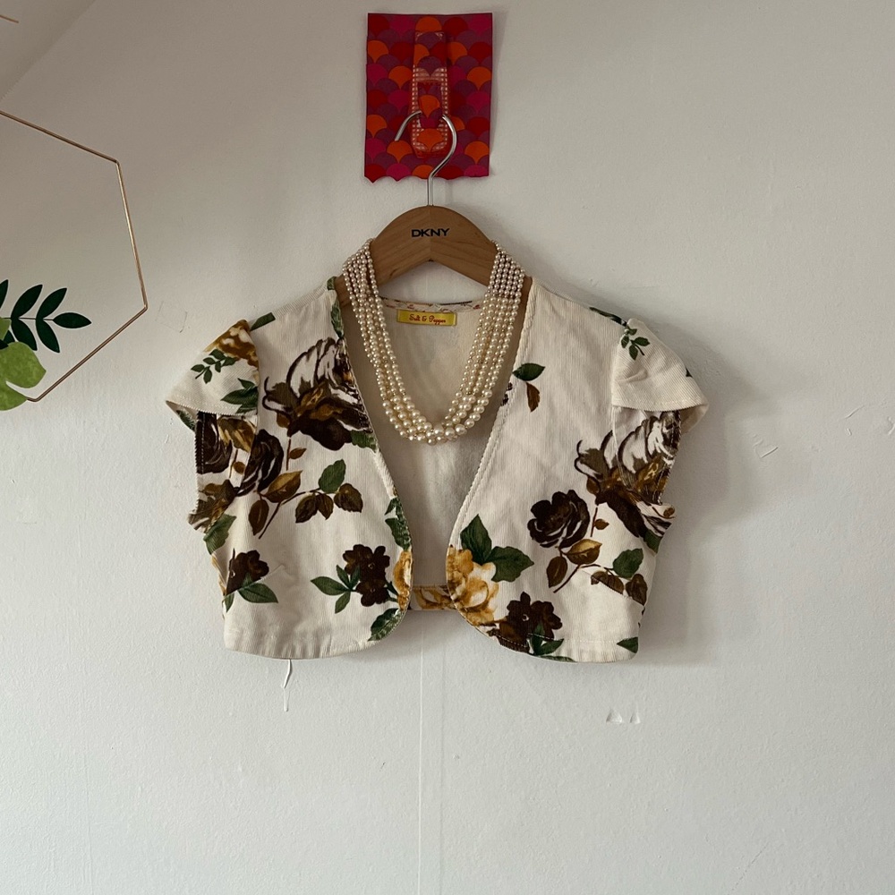 EUC Salt & Pepper S Corduroy topper autumn roses tulip sleeve shrug cap sleeve - Picture 3 of 14